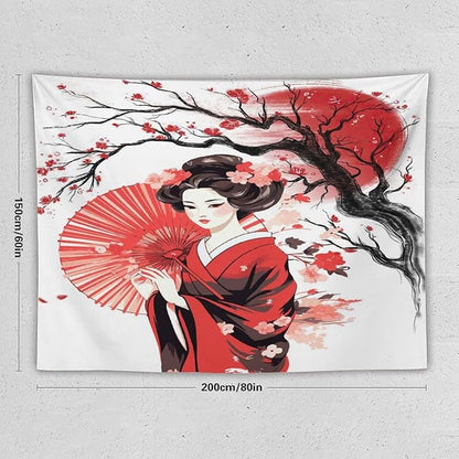 Japanese Red Geisha Tapestry Asian Cherry Blossom Traditional Kimono Folk Tapestries Home Decor for Living Room Bedroom Apartment Farmhouse Dorm 80"x60"