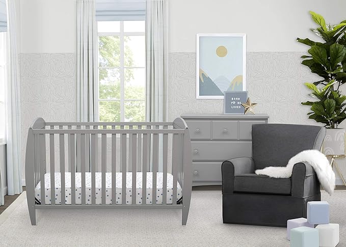 Delta Children Twinkle 4-in-1 Convertible Baby Crib, Sustainable New Zealand Wood, Grey and Delta Children Twinkle Galaxy Dual Sided Recycled Fiber Core Crib and Toddler Mattress (Bundle)