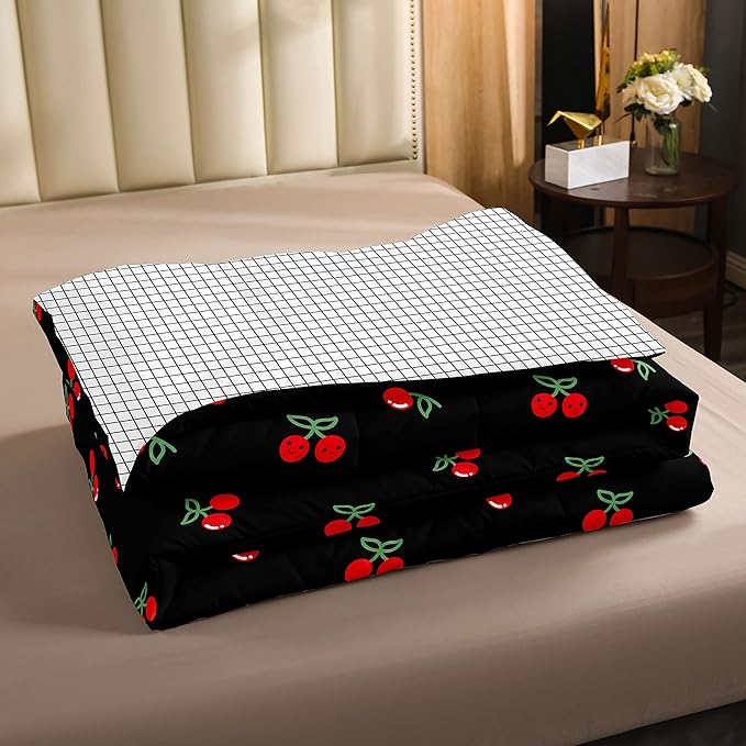 Erosebridal Red Cherry Bedding Set for Kids, Fruit Kawaii Comforter Set King, Cute Cherry Cartoon Quilted Duvet for Boys Girls Women Bedroom Decor, Reversible Luxury Cherry Quilted Comforter, Black