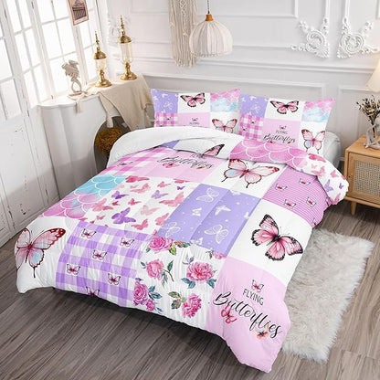 Datura home Kids Comforter Set Mermaid Scale Butterfly Printed Pattern Bedding Set with 1 Comforter and 2 Pillowcases for Girls Boys Bedroom All Season(Mermaid1 Queen)