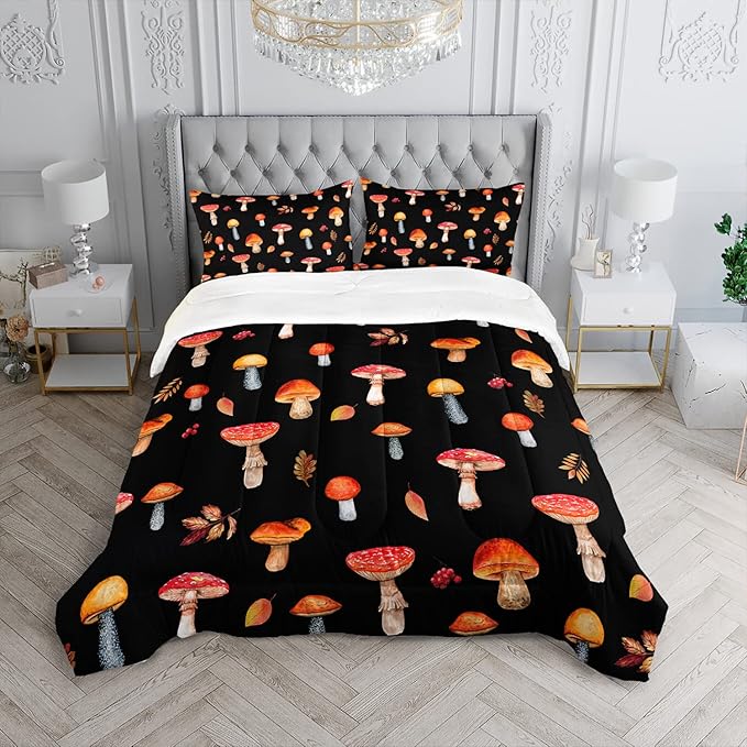 Colorful Mushroom Comforter Set Twin Size Kids Mushroom Bedding Set Leaves Quilt Bed Set for Boys Girls Adults with 1 Comforter and 2 Pillowcases
