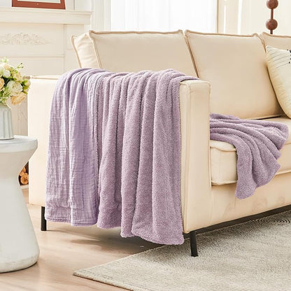 EMME Muslin and Fleece Throw Blanket Reversible - 50"*60" Lavender Soft Warm Throw Blankets for Couch Bed Picnic Travel Bed
