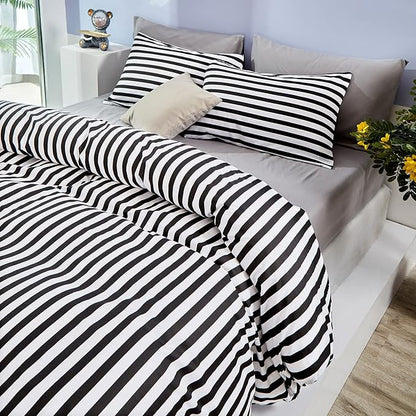 White and Black Stripes Comforter Set King Women Bedding Set Soft Durable White Striated Bedding Set Black Stripes Ticking Quilts Hotel Quality Comforter Set Girls White Black Stripes Bed Set