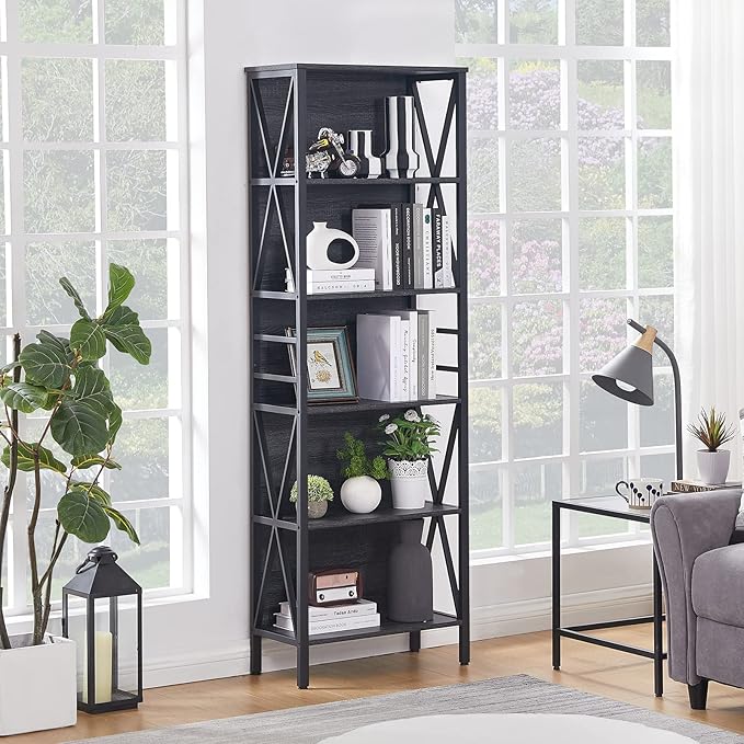 HOMISSUE Bookshelf, 6-Tier Bookshelf, Rustic Wood Metal Bookshelves and Bookcases, Freestanding Open Book Shelf, Industrial Tall Bookcase for Home Office, Living Room and Bedroom, Vintage Grey