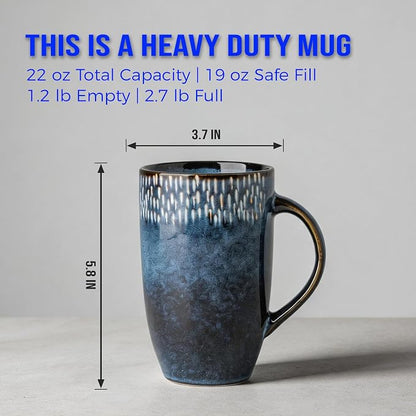 22oz Oversized Heavyweight Ceramic Coffee Mug, Large (Blue) | 22oz Extra Large, Oversized Heavyweight Ceramic, Reactive Glaze, Microwave & Dishwasher Safe, Prop 65 Compliant, Gift Box
