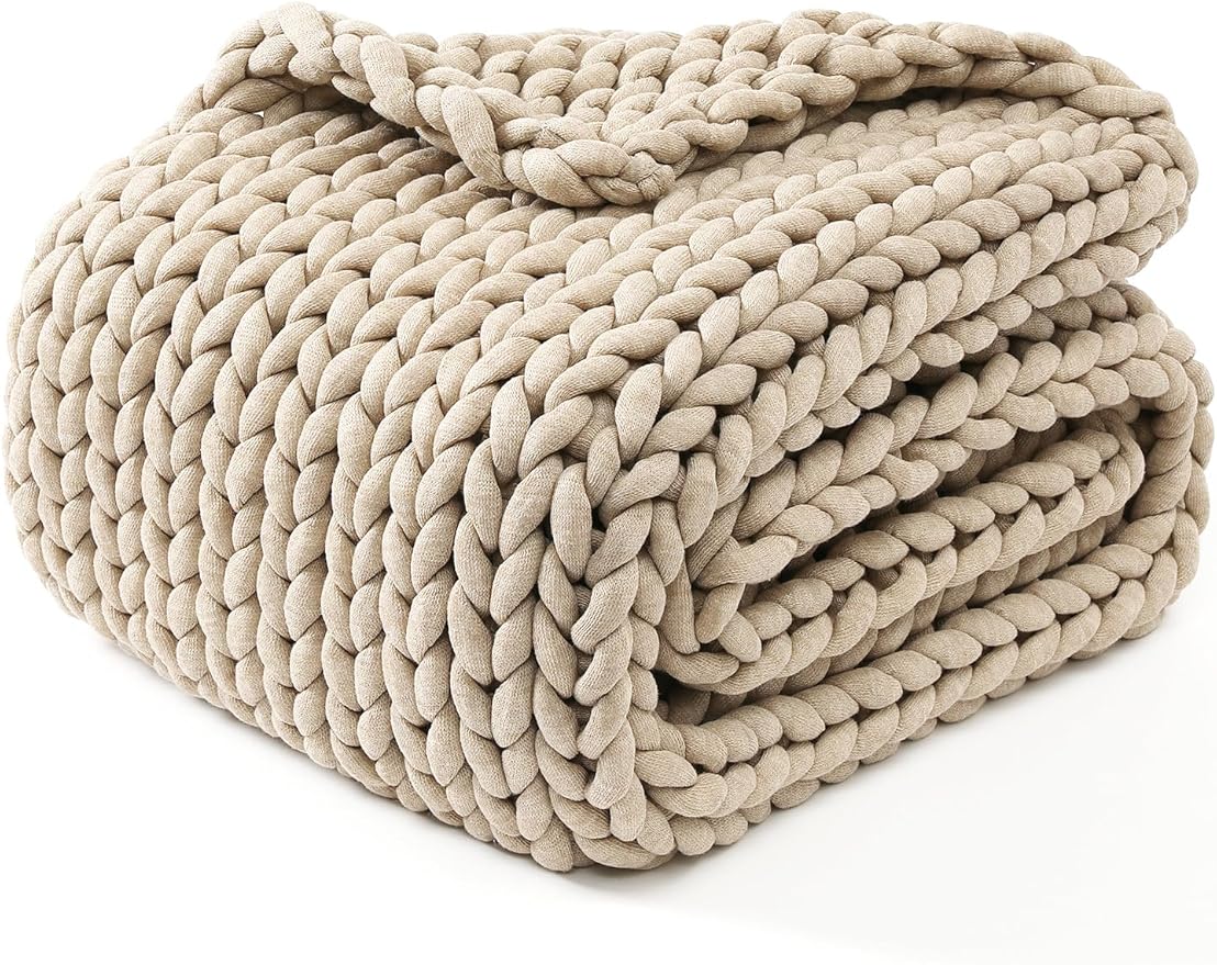 YnM Chunky Throw Blanket, Medium-Weight, Hand Knitted, Skin Friendly, Ventilated and Breathable, Machine Washable, Home Décor Piece for Couch, Sofa and Bed (Beige, 50x70 Inch)