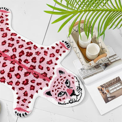 Leopard Shaped Rug Animals Bath Mat Rug Non-Slip Bathroom Door Mat for Bedroom Bathroom Kitchen Cartoon Area Rug for Bathroom Tub Soft Bathtub Mat Home Decor Pink