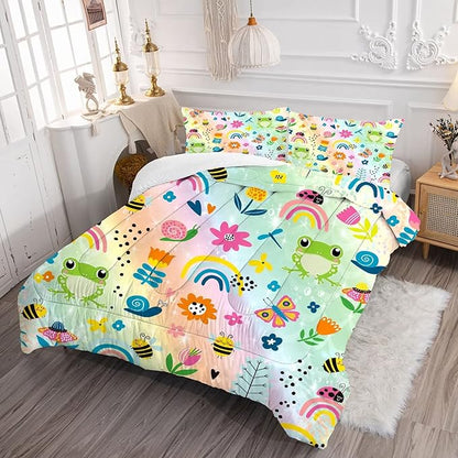 Rainbow Comforter Sets Full Size Cartoon Frogs Bedding Sets for Girls Kids Teens Boys Flowers Butterfly Bees Snails Insects Cute Kawaii Quilt 1 Comforter + 2 Pillow Cases