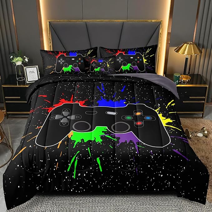 Boys Bed in a Bag Game Comforter Sets Queen Size,Video Game Controller Comforter for Boys Kids Adult 3D Gamepad Microfiber bed Set 6 Pieces Gaming bedding set 3001,Queen