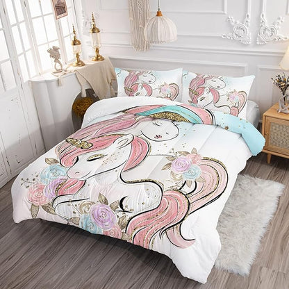 CVHOUSE Unicorn Bedding Queen Size,Unicorn Bedding Set for Girls Kids,Cute Unicorn Comforter Set Chrismas Duvet Set Unicorn Quilt Set Girls Room Decor 3 Pieces