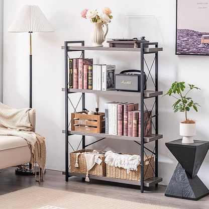 HCHQHS Bookshelf, 4-Tier Industrial Bookcase, Rustic Open Book Shelf, Freestanding Tall Bookshelves with Metal Frame