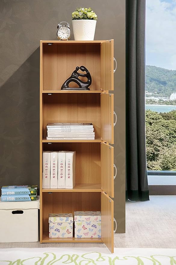 HODEDAH IMPORT 4-Shelf Bookcase Cabinet, Beech