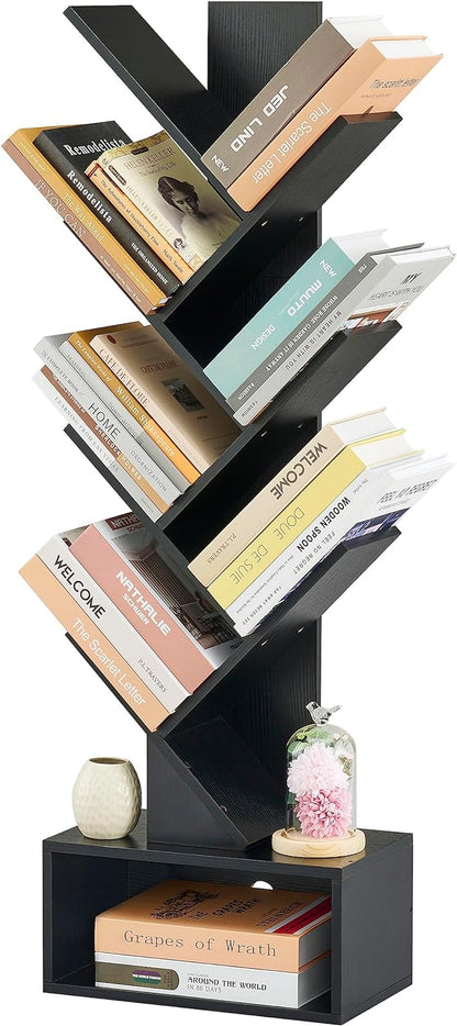 Hoctieon 6 Tier Tree Bookshelf, Tall Bookcase with Drawer, Freestanding Book shelf, Display Floor Standing Storage Shelf, Book Organizer Shelves for Home Office, Living Room, Bedroom, Black