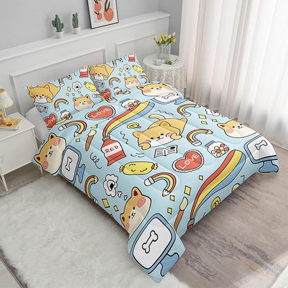 Datura home Kids Comforter Set Kawaii Dogs Bedding Cute Shiba Inu Corgi Printed Pattern Decor with 1 and 2 Pillowcases for Boys Girls All Season(Blue Inu), Twin 68x86inches