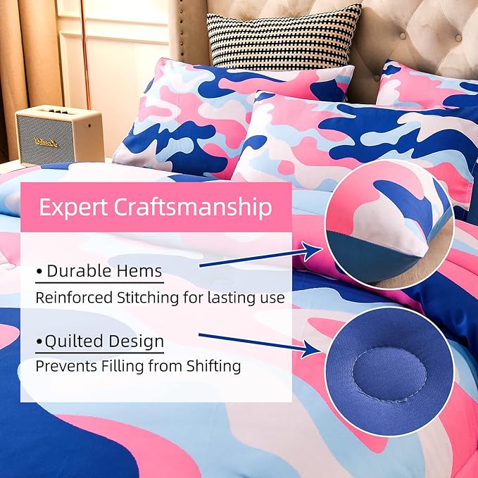Meeting Story Camouflage Bedding Set, Colorful Pattern Style Queen Camouflage Comforter Set, 3 PCS 1 Comforter and 2 Pillowcases in 1 Bag, All Season Bedspread for Kids Teens Adults (Blue, Queen)