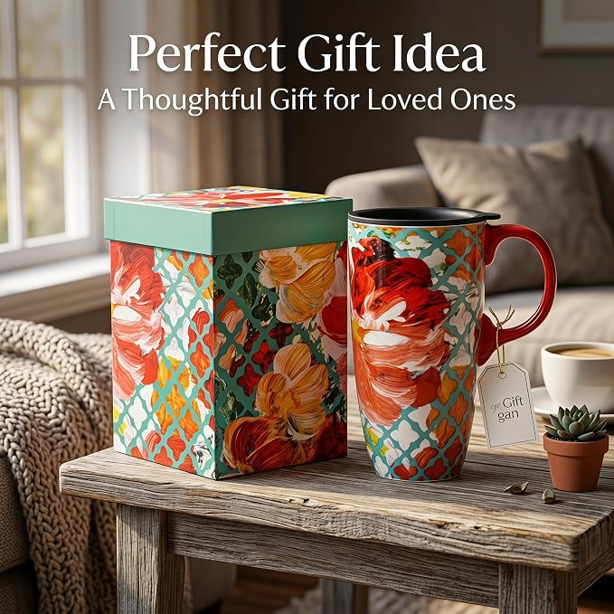 Topadorn 17oz Ceramic Travel Mug with Lid, Colorful Floral Coffee Mug | Artistic Ceramic Travel Cup, Microwave & Dishwasher Safe, Gift Box Included