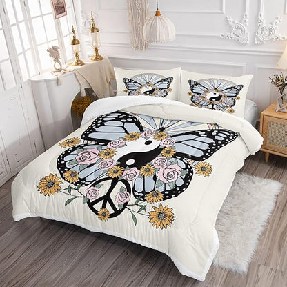 CVHOUSE Butterfly Bedding Set,Butterfly Comforter King,Butterfly Comforter Set for Girls Kids Teens,Butterflies Quilt Set with 1 Comforter and 2 Pillow Cases- 3 Piece