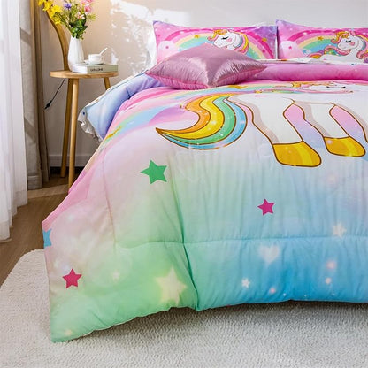 Aimuan Girls Unicorn Comforter Set 6 Pieces Pink Purple Bedding Set with Rainbow Star Galaxy Stars Fantasy Children Room Decor Soft Reversible Bed Sets for Boys/Girls/Teens (Rainbow Twin6Pcs)