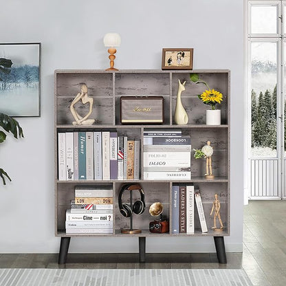 LEYAOYAO 8 Cube Bookshelf,3 Tier Bookcase with Legs,Modern Grey Mid-Century Bookshelves,Large Farmhouse Open Storage Organizer Shelf, Retro Wooden Display Book Case for Bedroom,Living Room,Office