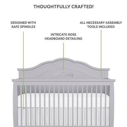 SweetPea Baby Rose 4-in-1 Convertible Crib in Silver Shimmer, Baby Crib with Spindles, Greenguard Gold Certified, Easy Assembly, Sustainable New Zealand Pinewood