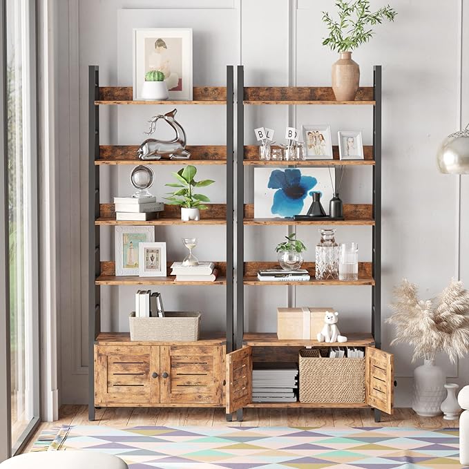 IRONCK Bookshelf with Louvered Doors, 4-tier Ladder Shelf with Cabinet Industrial Accent Furniture for Bedroom Living Room Home Office, Rustic Brown