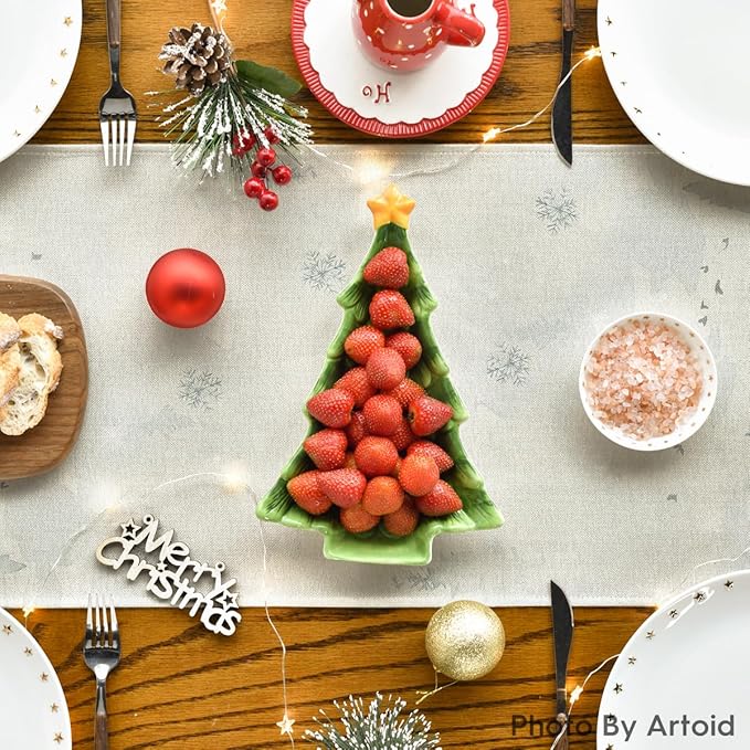 Artoid Mode Green Tree Snow Christmas Table Runner, Seasonal Winter Holiday Kitchen Dining Table Decoration for Home Party Decor 13x120 Inch