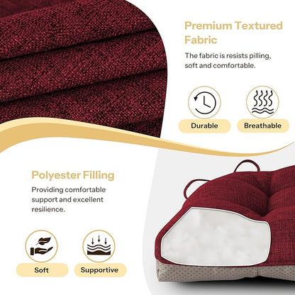 Non Slip Chair Cushions for Dining Chairs Set of 4 Kitchen Chair Cushions 18"x18"x3" Turfted Chair Pads Comfortable and Soft Seat Cushion with Ties, Burgundy