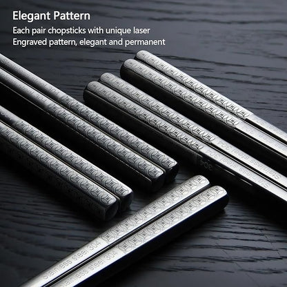 IQCWOOD Laser Engraved 18/8 Stainless Steel Chopsticks, 5 Pairs Reusable Dishwasher Safe Metal Chopsticks, Non-Slip Square Japanese Korean Style Chop Sticks for Cooking Eating, 9 1/4 Inches Gift Set