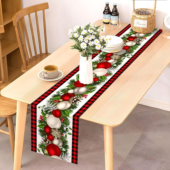 Nepnuser Black and Red Buffalo Check Plaid Christmas Table Runner 108 Inches Long Seasonal Winter Xmas Party Decoration Holiday Home Kitchen Dining Room Decor