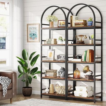 Tribesigns 5-Tier Open Bookshelf, 74.4" Wood Bookcase Storage Shelves with Metal Frame, Freestanding Display Rack Tall Shelving Unit for Office, Bedroom, Living Room, Easy Assembly(Brown, 2PCS)