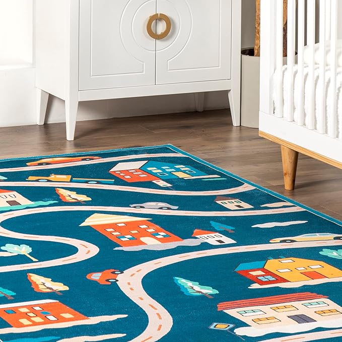 nuLOOM Zita Neighborhood Machine Washable Kids Ultra Thin Area Rug, 3' x 5', Blue Multi