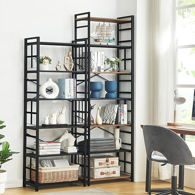 HOMBAZAAR Bookshelf,7 Tier Tall Bookshelf with Metal Frame,Open Bookshelves and Bookcases,Industrial Book Shelf for Living Room,Home Office and Bedroom,Rustic Brown