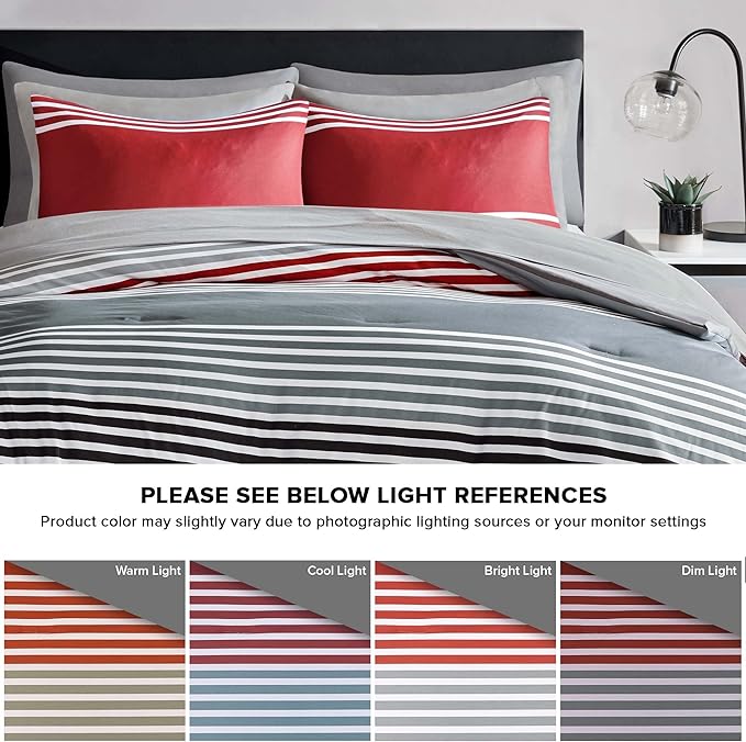 Comfort Spaces Twin Comforter Sets with Sheets - Bed in a Bag 6 Pieces Teen Bedding Sets Twin, Red and Grey Stripes Bedding Twin, College Twin Bed Set with 2 Side Pockets Bedroom Organizer