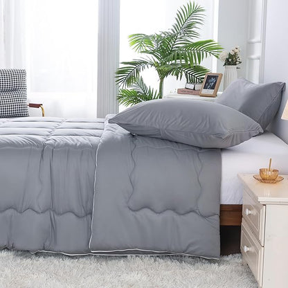 COTTEBED Ultra-Soft Comforter Set Queen/Full Size Bed, Jersey Knit T-Shirt Feeling Fluffy Cozy Comy Durable Lightweight Quilt Bedding Down Blanket & 2 Pillowcase for All Season Use, Dark Grey