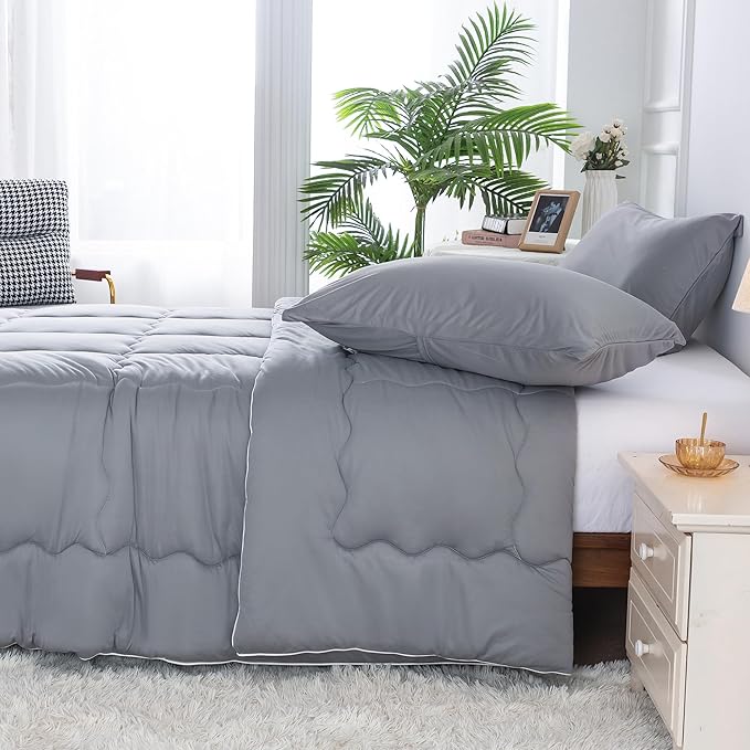 COTTEBED Ultra-Soft King Size Comforter Set, California Cal King Jersey Knit T-Shirt Feel Cozy Durable Cozy Fully Breathable Quilt Bedding Down Blanket and Pillowcase for All Season Use, Dark Gray