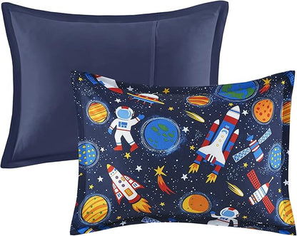Mi Zone Kids Jason Cozy Comforter Outer Space Rocket Ships, Astronauts Print, All Season Cover, Hypoallergenic Bedding Set, Matching Sham, Decorative Pillow, Twin(66" Wx86 L), Multi 3 Piece