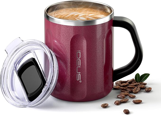 Ideus 16 oz Insulated Coffee Mug with Handle and Lid, Double Wall Stainless Steel Vacuum Thermal Coffee Mug, Travel Coffee Cup Thermal Cup for Home and Office, Burgundy-FUJI FLOW