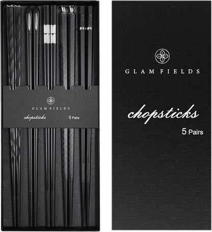 GLAMFIELDS 5 Pairs Premium Chopsticks Reusable Dishwasher Safe 9.5 Inch Fiberglass Chop Sticks Gift Set Non Slip Black + Silver