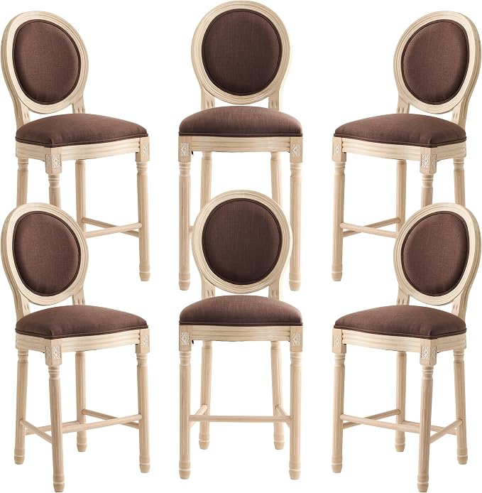 French Country Barstool, Linen Farmhouse Counter Height Chair | Set of 6, with Cushion Round Back and Solid Wood Legs, Oval Chairs for Restaurant, Bar, Kitchen, Café, Brown