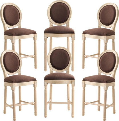 French Country Barstool, Linen Farmhouse Counter Height Chair | Set of 6, with Cushion Round Back and Solid Wood Legs, Oval Chairs for Restaurant, Bar, Kitchen, Café, Brown