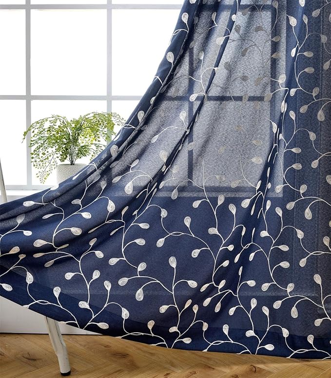 MIUCO Floral Embroidery Semi Sheer Curtains Faux Linen Grommet Window Curtains for Living Room 52 x 63 Inch 2 Panels, Navy Blue