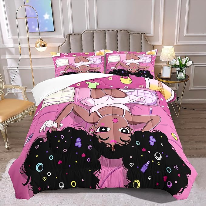African American Black Girls Queen Comforter Sets, Black Girl Comforter Set Queen Size, Black Girls Comforter Queen Size African American Black Girls Bedding Set, Pink, 1 Comforter+2 Pillowcases