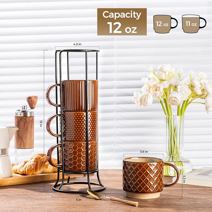 GBhome 12 OZ Stackable Coffee Mugs Set of 4, Ceramic Coffee Cups Set | Coffee Mugs With Stand, Dishwasher&Microwave Safe, 4 Assorted Designs
