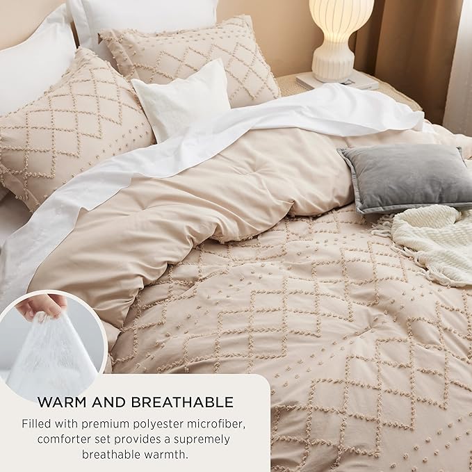 Bedsure King Size Comforter Set - Warm Tan Boho Tufted Shabby Chic Bedding Comforter Set, 3 Pieces Vintage Farmhouse Bed Set for All Seasons, Fluffy Soft Bedding Set with 2 Pillow Shams