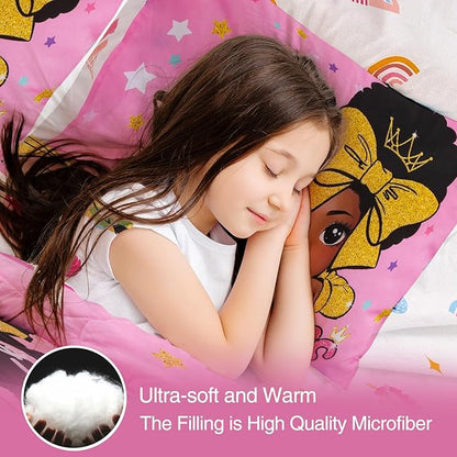 A Nice Night Black Girl Little Princess Comforter Set, Pink 6Pcs Bed in A Bag Full Size Sparkling Stars Bedding Set,for Kids, Girls