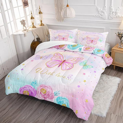 CVHOUSE Butterfly Bedding Set,Butterfly Comforter Queen,Butterfly Comforter Set for Girls Kids Teens,Butterflies Quilt Set with 1 Comforter and 2 Pillow Cases- 3 Piece