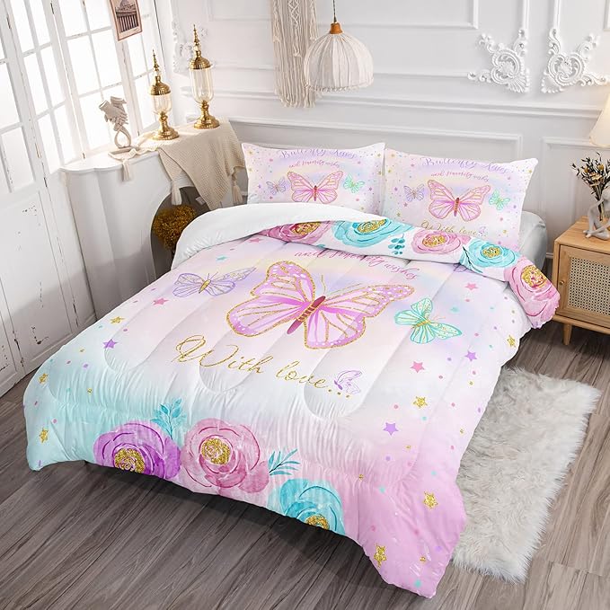 CVHOUSE Butterfly Bedding Set,Butterfly Comforter King,Butterfly Comforter Set for Girls Kids Teens,Butterflies Quilt Set with 1 Comforter and 2 Pillow Cases- 3 Piece
