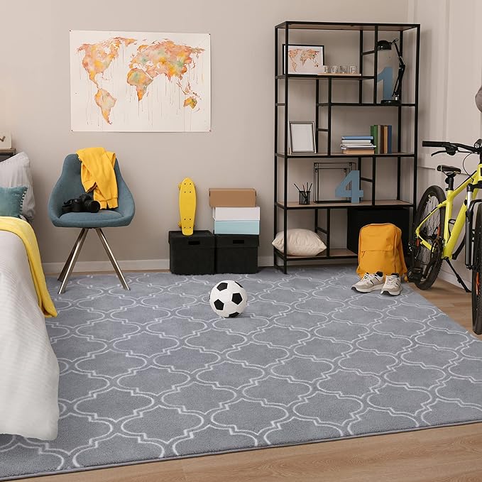 Chicrug Shag Geometric Modern Area Rug for Living Room, 7x10 Feet Large Memory Foam Indoor Carpet, Fluffy Rug for Bedroom Bedside Room Decor for Family Girls Kids Nursery, Grey/White