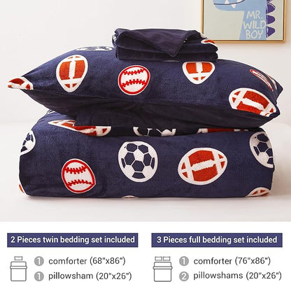Mooreeke Glow in The Dark Full Plush Fleece Comforter Bed Set, Soft & Warm 3 Piece Bed in A Bag with Sham, Velour Velvet Football Basketball Soccer Rugby Boys Kids Bedding Set, Fluffy Fuzzy Polar Cozy