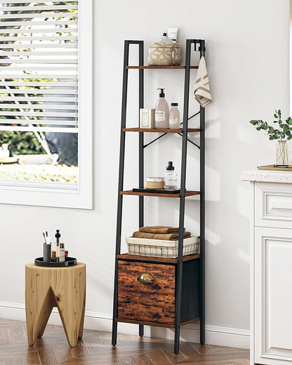 Narrow Bookshelf Bookcase with Drawer, Ladder Shelf with 2 Hooks, Bookshelves Storage Organizer, Freestanding Display Standing for Home Office, Bedroom, 5 Tier Rustic Brown BC19501B